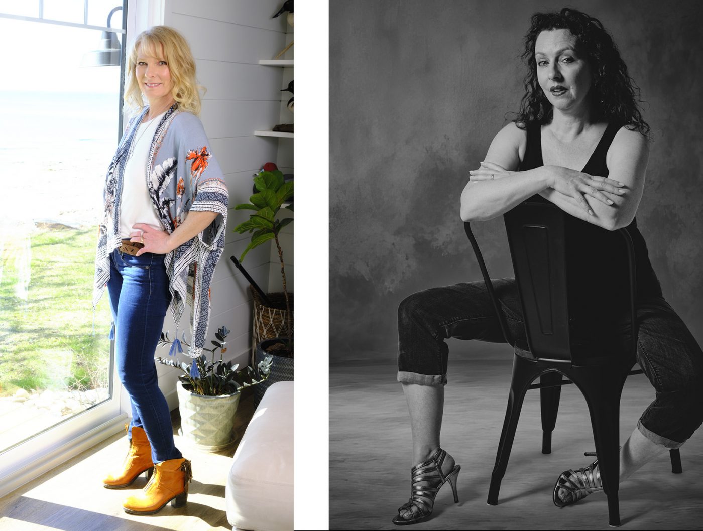 combination of two professional branding portraits of two women wearing very different clothes