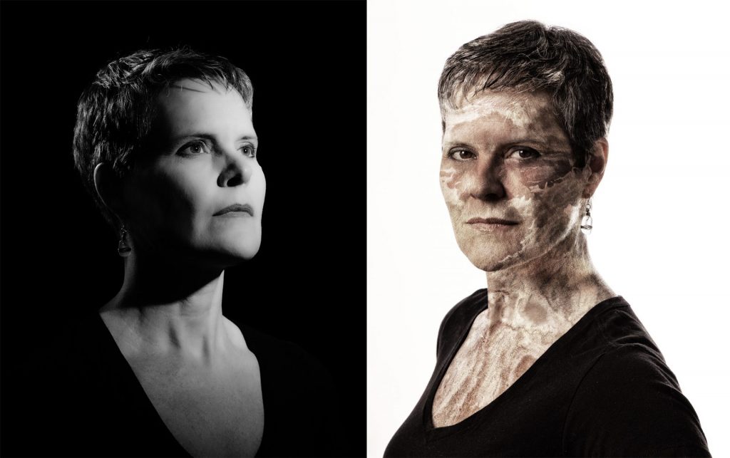 combination of two portraits of a mature woman that have been retouched